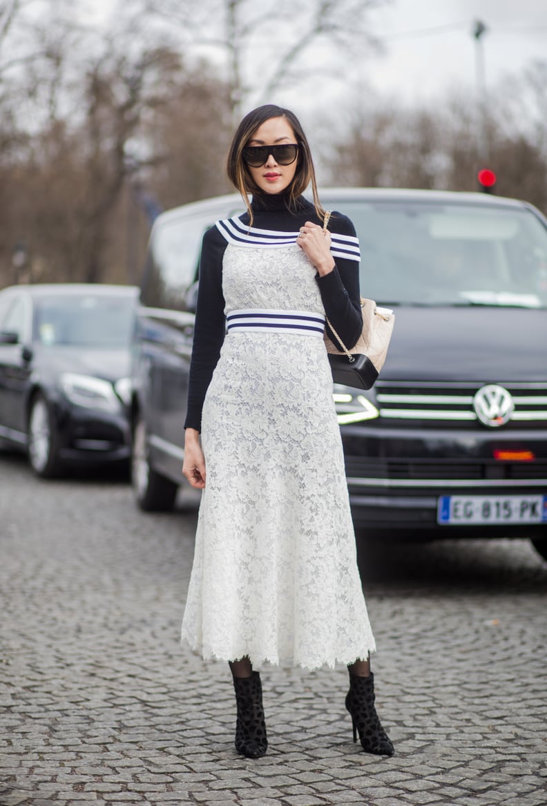 A Long Lace Dress Worn Over a Turtleneck