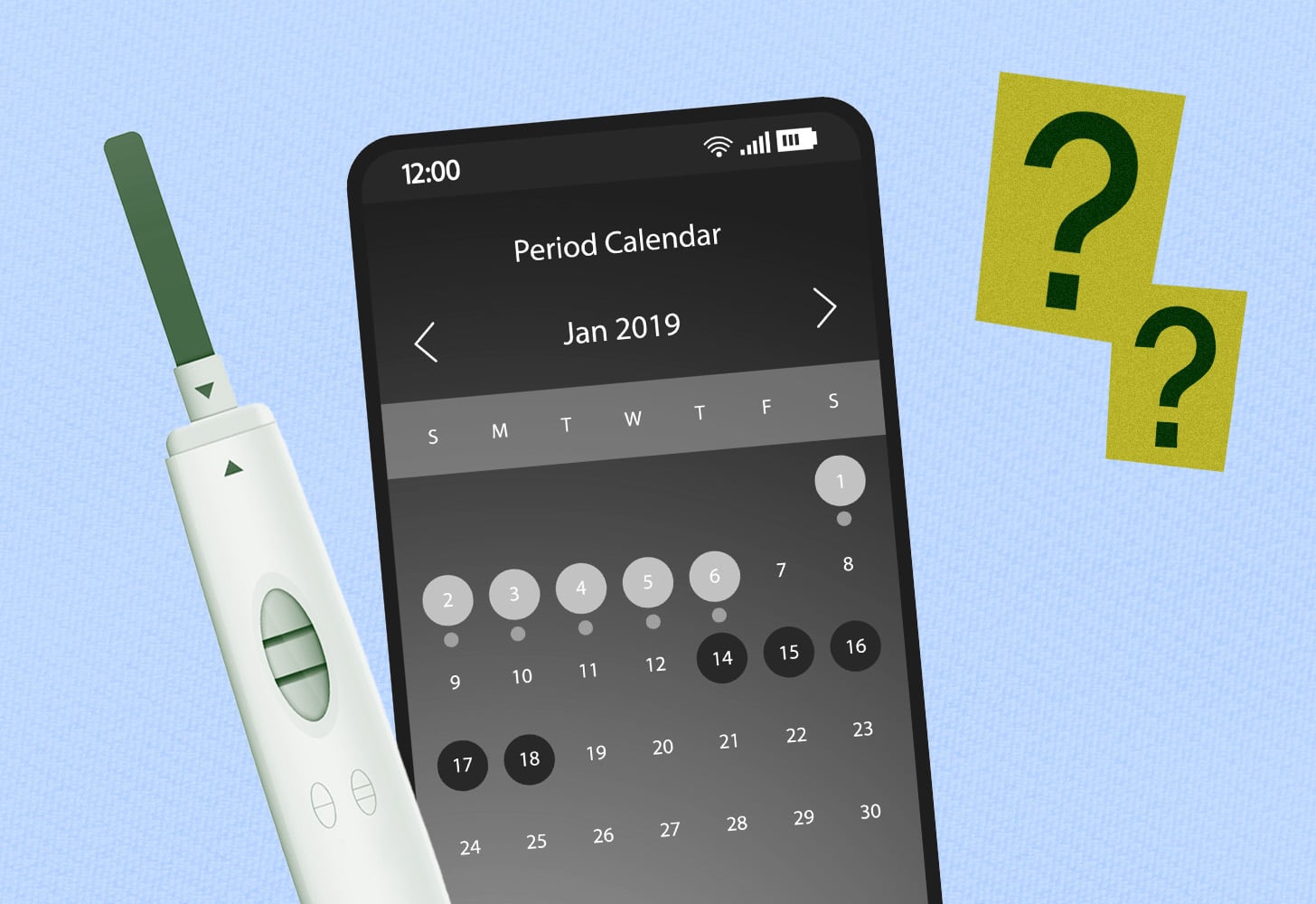 Collage related to ovulation: positive pregnancy test, calendar on cell phone.