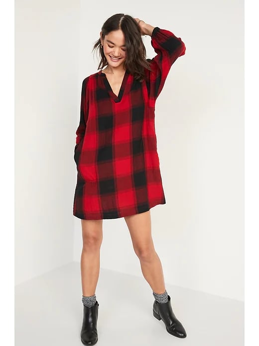 Old Navy Long-Sleeve Plaid Mini Swing Dress