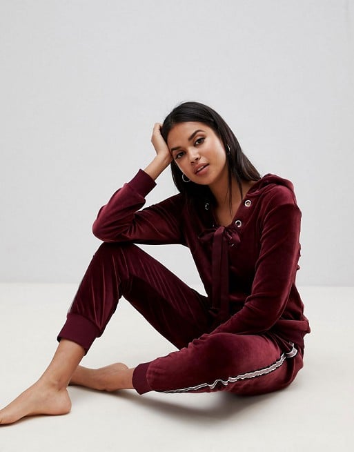 Velour Lace Up Loungewear Hoodie and Joggers Set