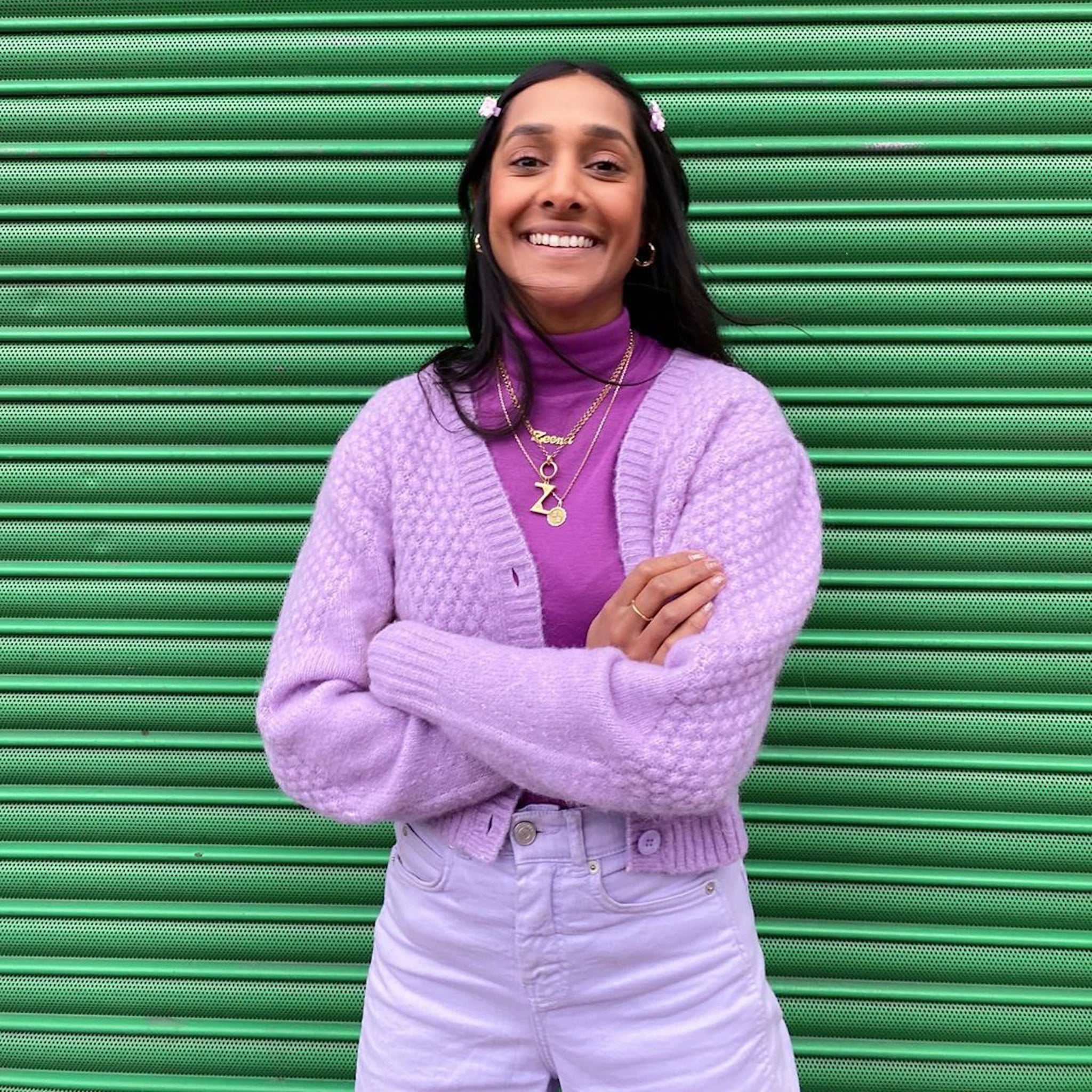 purple jumper outfit
