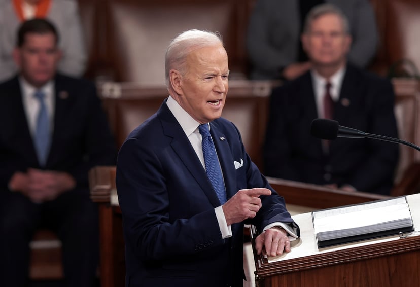 WASHINGTON, DC - MARCH 01: U.S. President Joe Biden delivers the State of the Union address during a joint session of Congress in the U.S. Capitol's House Chamber March 01, 2022 in Washington, DC. During his first State of the Union address Biden spoke on