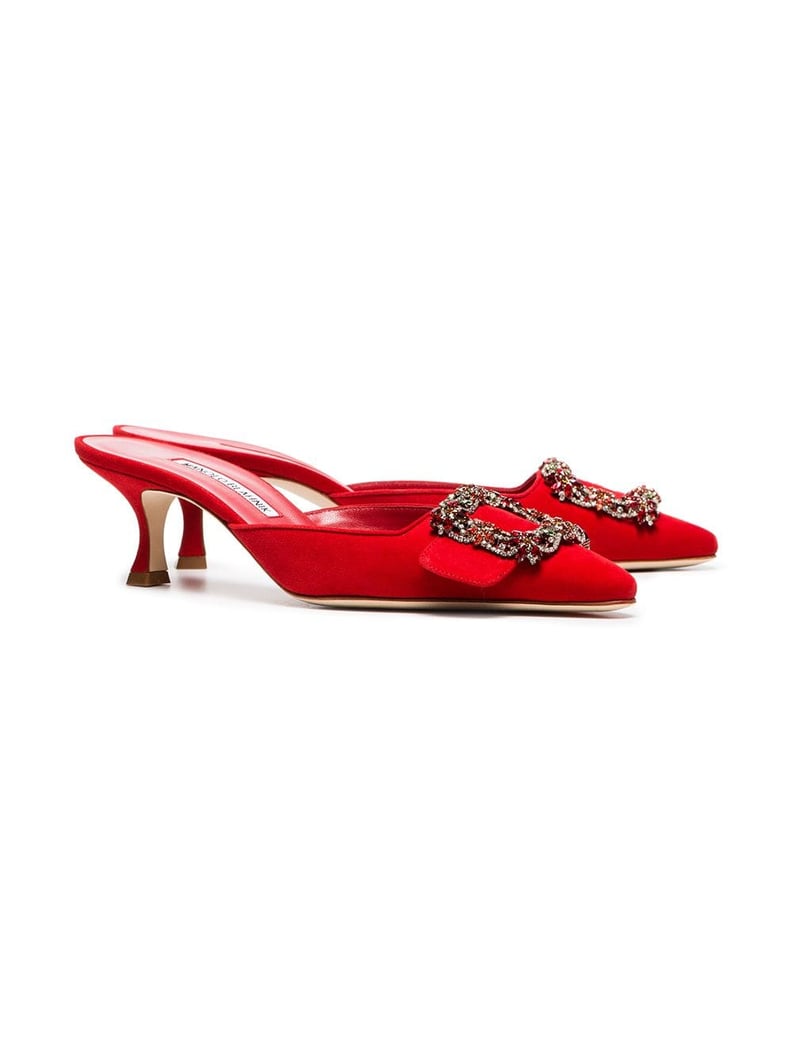 Manolo Blahnik Red Maysale 50 Crystal-Buckle Suede Mules