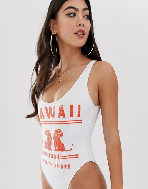 ASOS DESIGN Recycled Petite Hawaii Slogan Scoop Neck Swimsuit