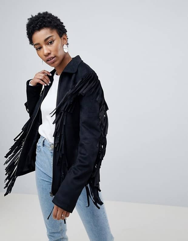 15 Outfits With Suede Flare Trousers - Styleoholic  Black leather fringe  jacket, Fringe leather jacket, Chic pants