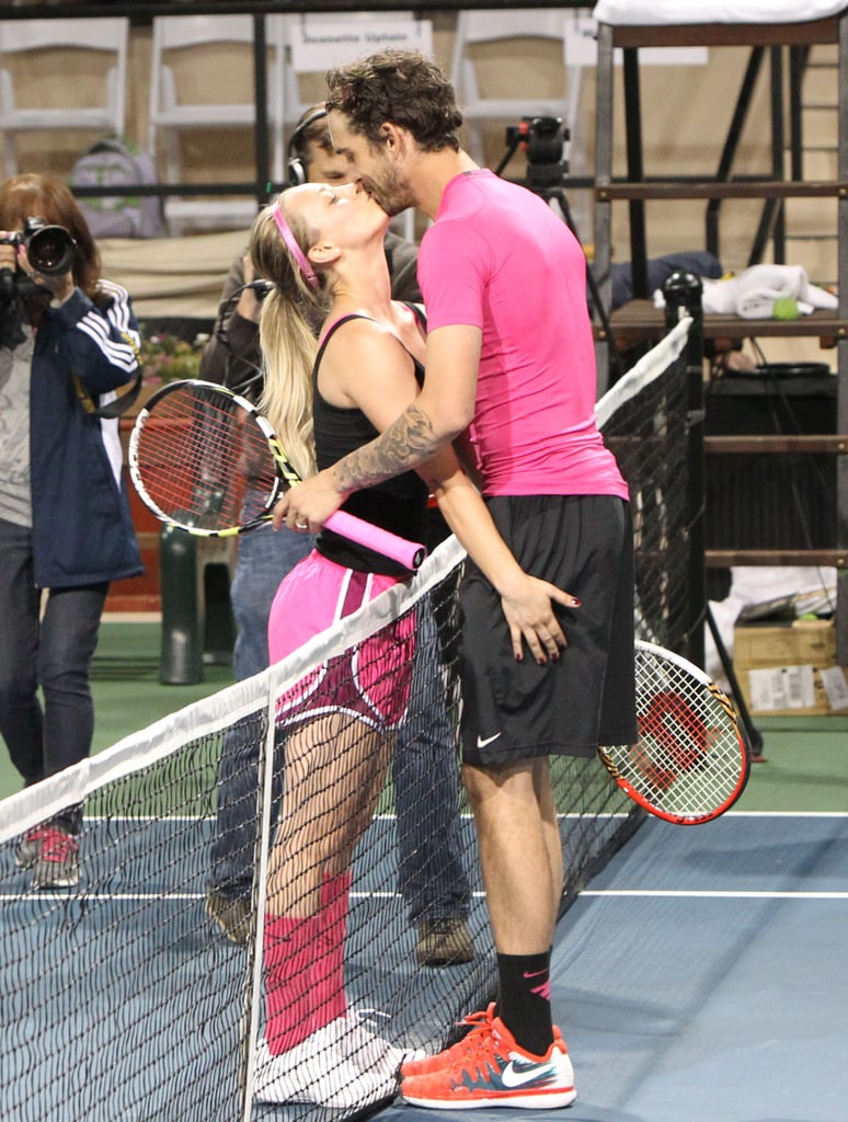 Kaley Cuoco and Ryan Sweeting showed PDA during the 2014 USTA Men's Pro Tennis Championships of Calabasas, CA, on Saturday.