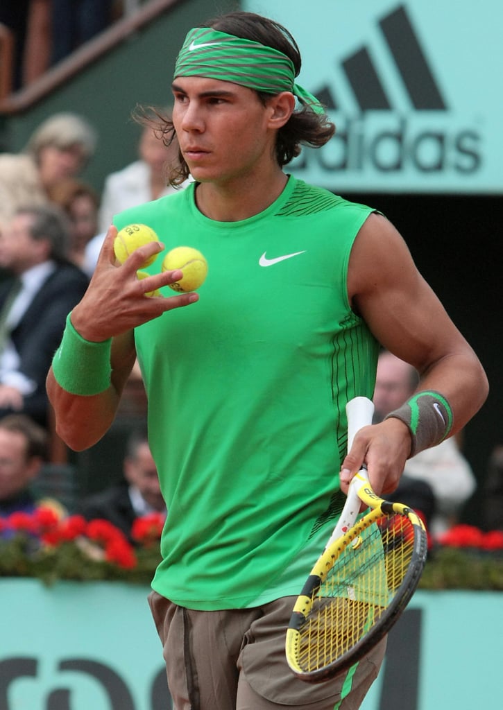 Rafael Nadal sported his signature head and wrist band in his favorite color green at the French Open in 2008.