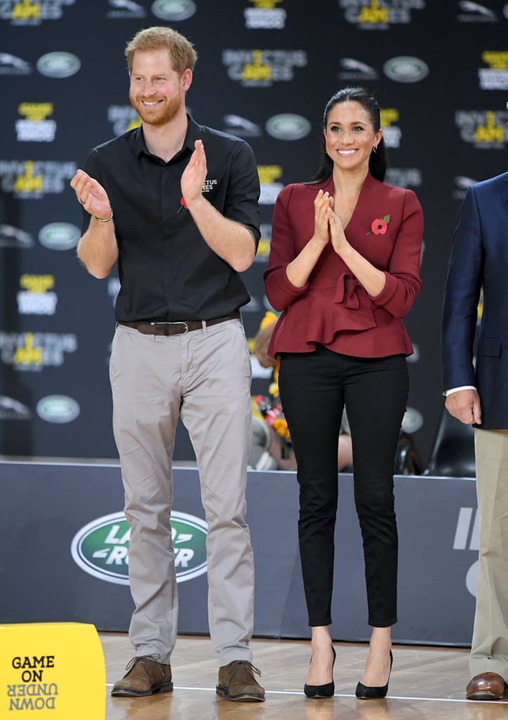 Meghan wore the exact same jeans with a cranberry Theodore Scanlan jacket and Sarah Flint pumps for the Invictus Games in Sydney.