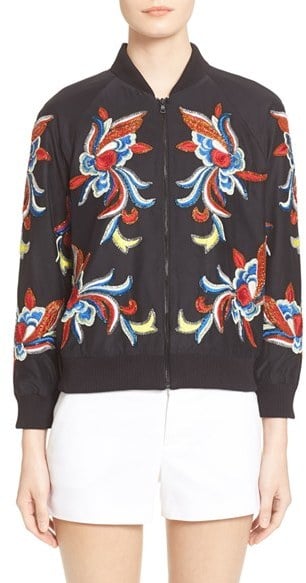 Alice + Olivia 'Felisa' Embellished Silk Bomber Jacket ($698)
