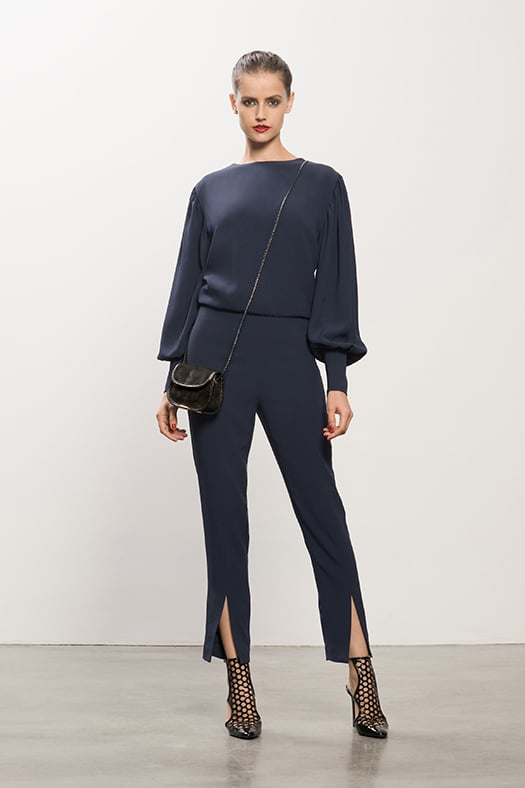 Crepe Navy Jumpsuit, Secret Place Black Open Back Bootie,Treasure Black Suede Cross Body Bag.
Photo courtesy of Tamara Mellon Crepe Navy Jumpsuit, Secret Place Black Open Back Bootie,Treasure Black Suede Cross Body Bag.
Photo courtesy of Tamara Mellon