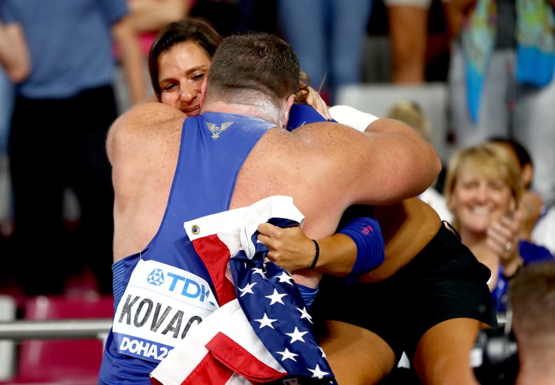 DOHA, QATAR - OCTOBER 05:  Joe Kovacs, gold, of the United States celebrates his championship record in the Men's Shot Put final during day nine of 17th IAAF World Athletics Championships Doha 2019 at Khalifa International Stadium on October 05, 2019 in D