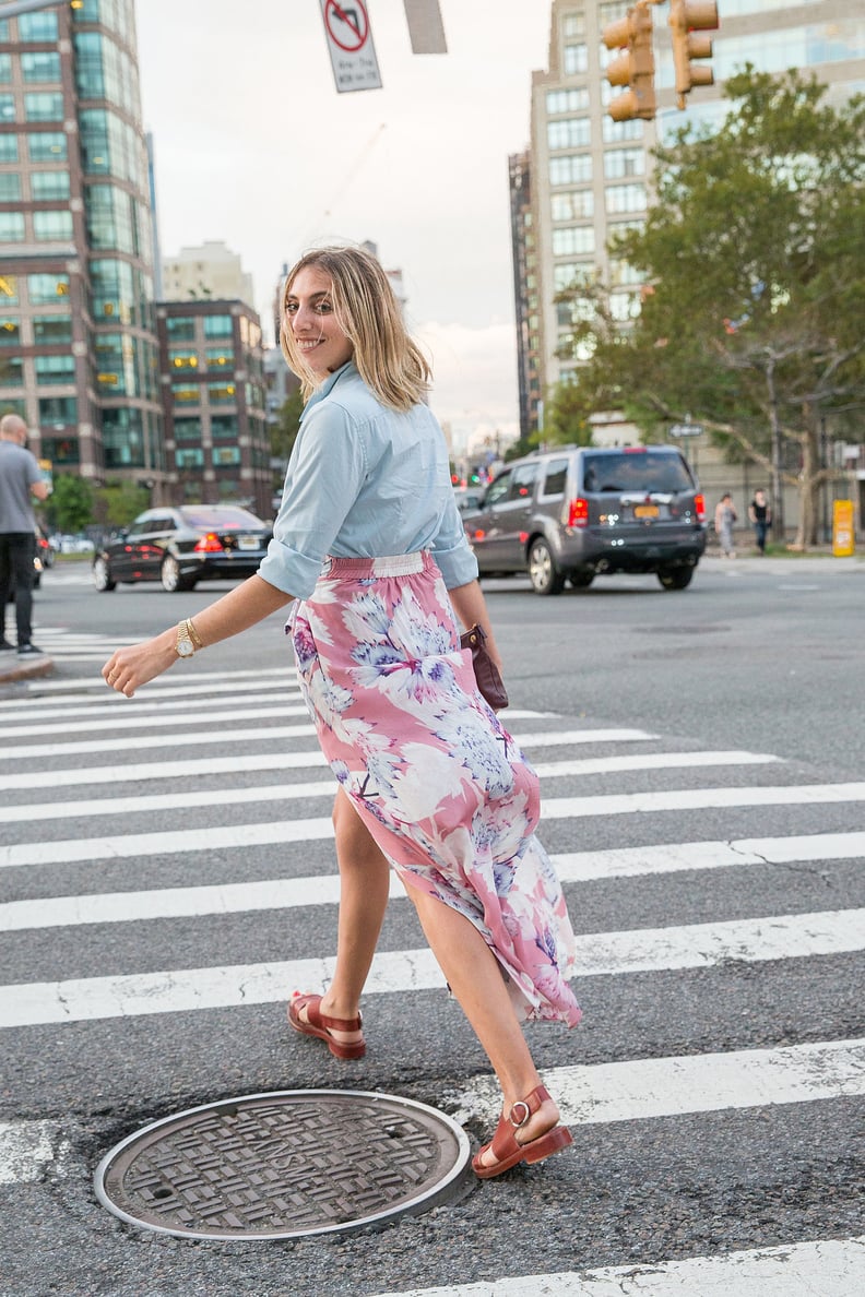 A Breezy Floral-Printed Skirt That Works Well With Neutral Slingbacks