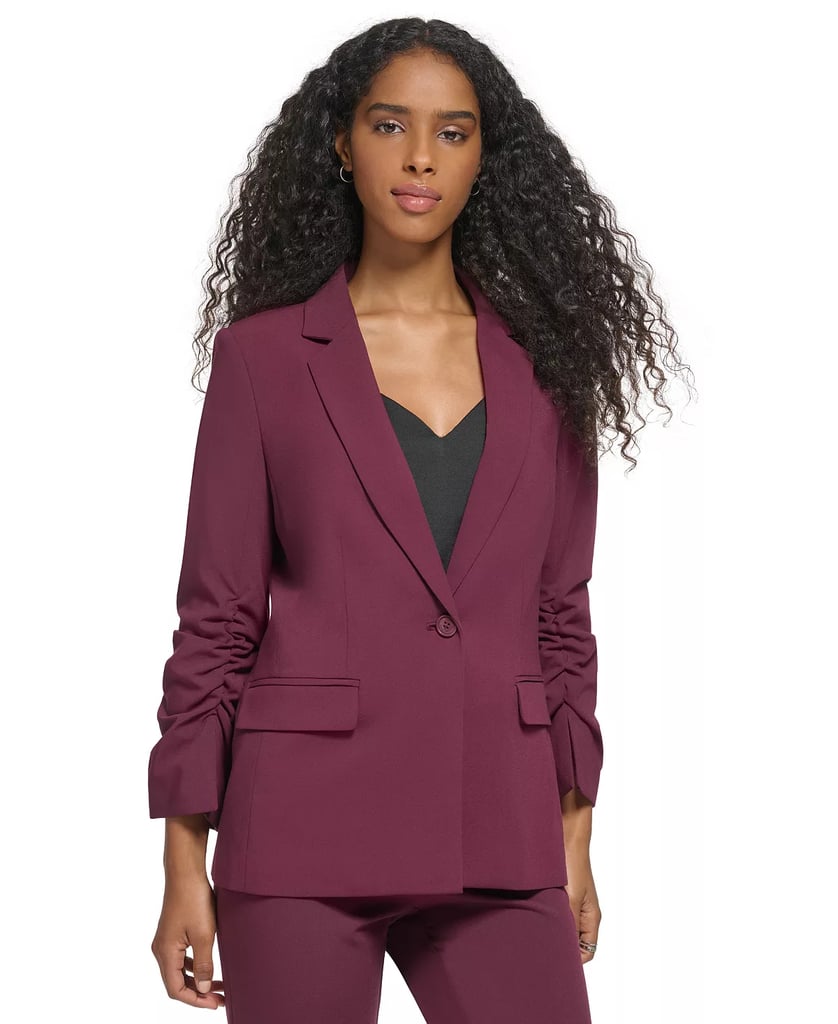 Calvin Klein Ruched Sleeve One Button Blazer