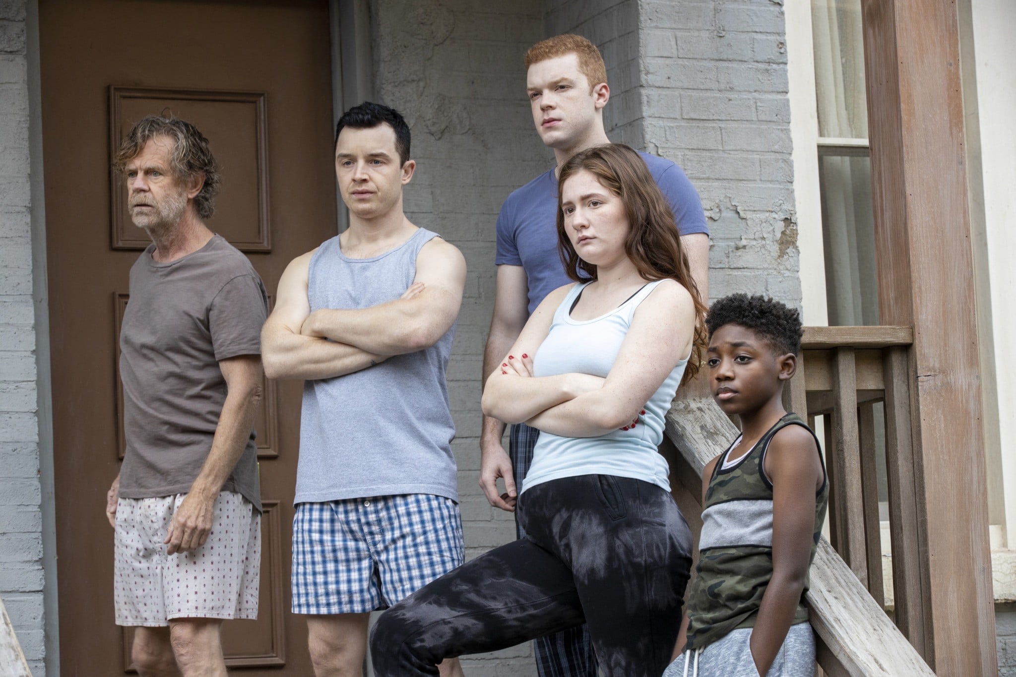 SHAMELESS, from left: Willliam H. Macy, Noel Fisher, Cameron Monaghan, Emma Kenney, Christian Isaiah, Nimby', (Season 11, ep. 1104, aired Jan. 10, 2021). photo: Paul Sarkis / Showtime / Courtesy Everett Collection