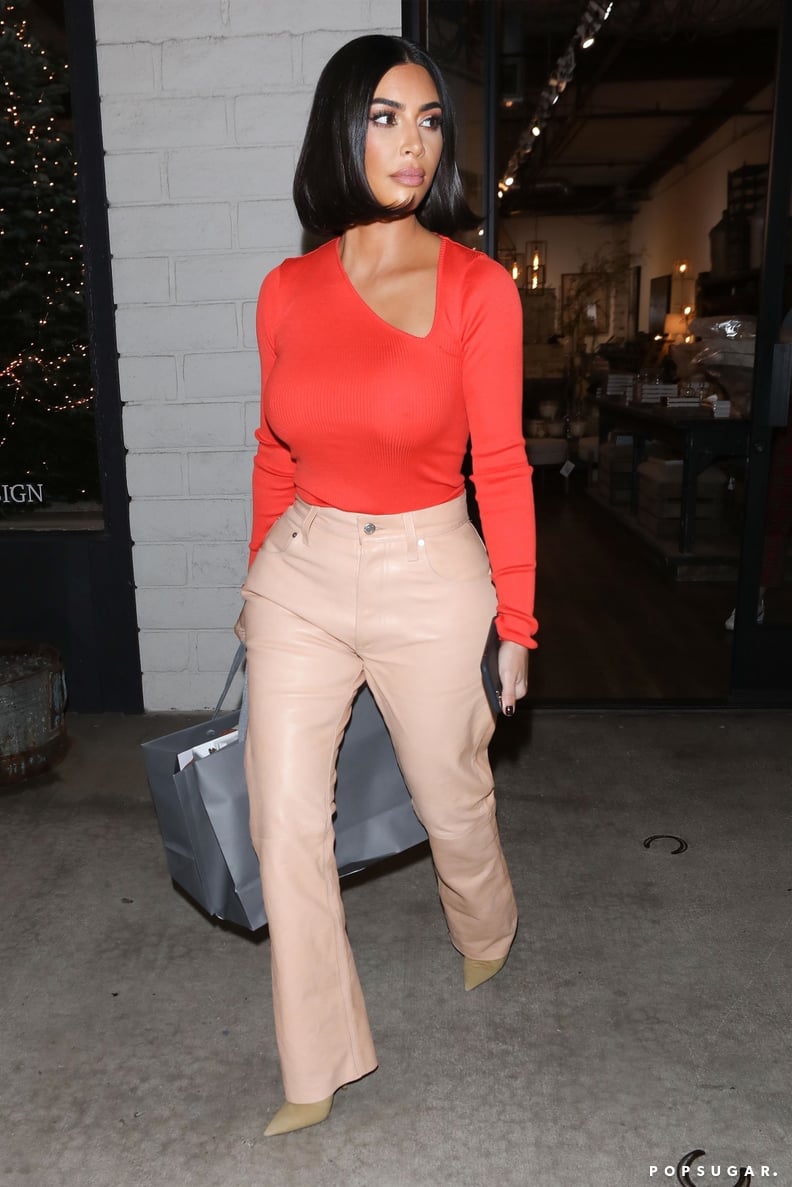 Kim Kardashian Wearing Peach Leather Pants in LA