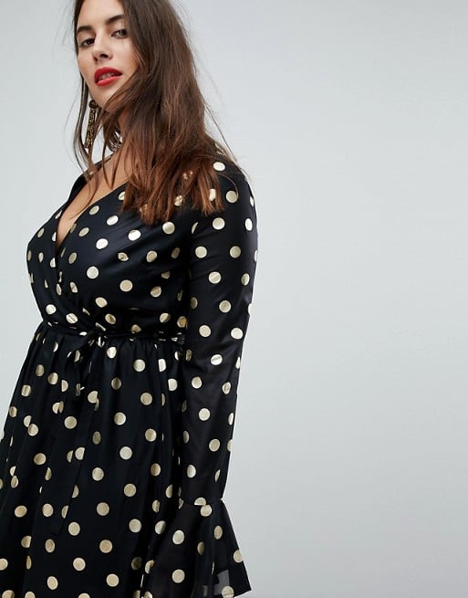 Club L Ruffle Polka Dot Wrap Dress With Flute Sleeve