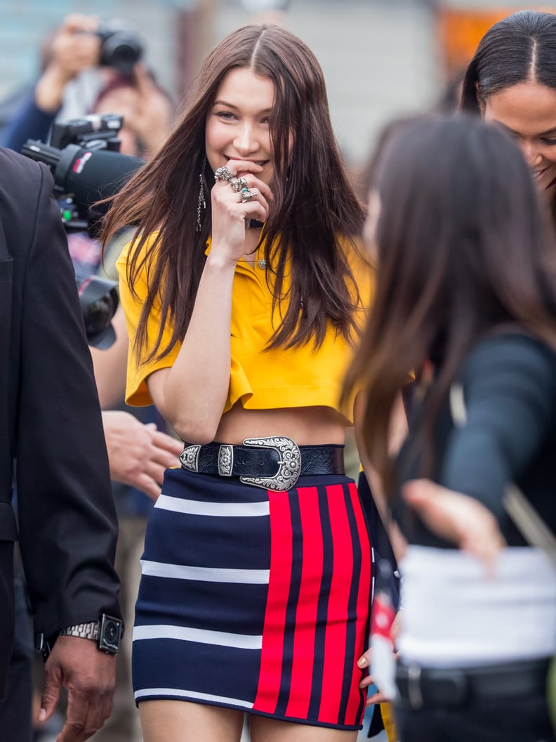 Bella Styled a Colorblock Mini With a Yellow Crop Top and a Western Belt