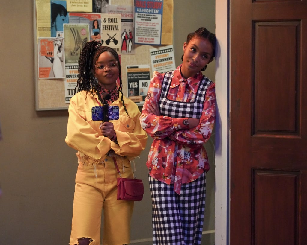 Above: Diane (Marsai Martin) wears a yellow Denimist look over a French Connection mockneck and Zoey wears a Marc Jacobs blouse under Staud gingham separates in "Grown-ish" season four.