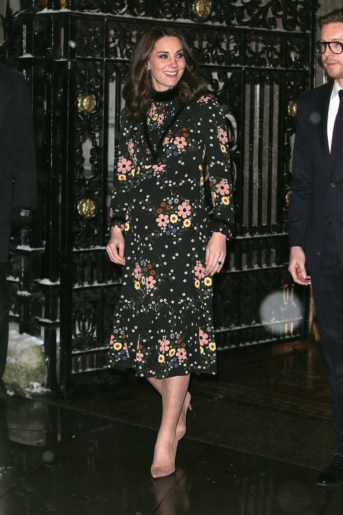 In Feb. 2018, Kate braved the snowy weather in an Orla Kiely floral dress and Gianvito Rossi pumps. She accessorized with Kiki McDonough earrings and a beige Jimmy Choo clutch.