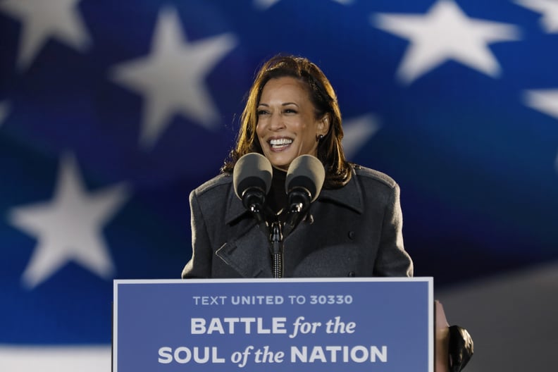 Philadelphia, Pennsylvania Nov. 2, 2020 Senator Kamala Harris addresses supporters at the drive- rally Monday night, Nov.2, 2020 at Citizens Bank Park parking lot in Philadelphia, Pennsylvania. (Carolyn Cole / Los Angeles Times via Getty Images)