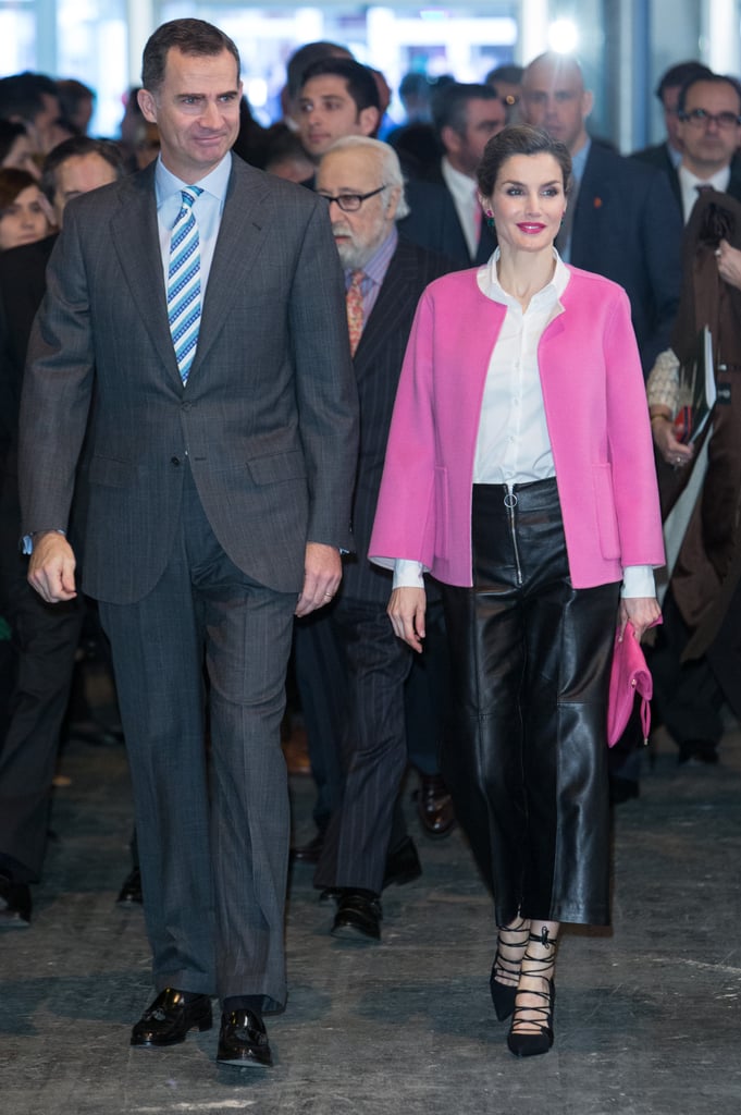 The Spanish royal wore a bright pink bolero jacket (and her trusty leather culottes) to the opening of Madrid's international contemporary art fair, ARCOmadrid, in February 2016.