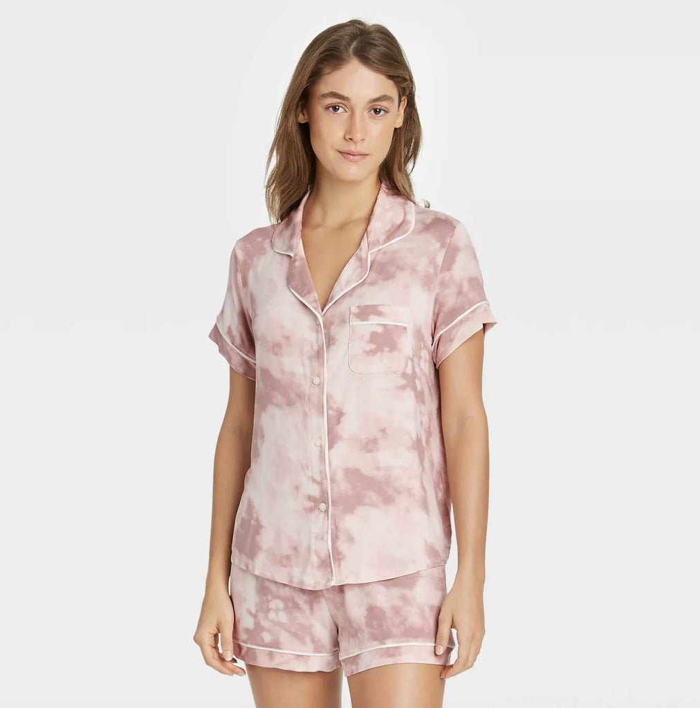 Tie-Dye Goals: Stars Above Tie-Dye Short Sleeve Notch Collar Top and Shorts Pajama Set