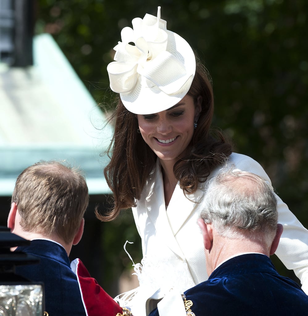 Kate greeted Prince Charles as she entered a shared carriage during the 2012 Order of the Garter events.