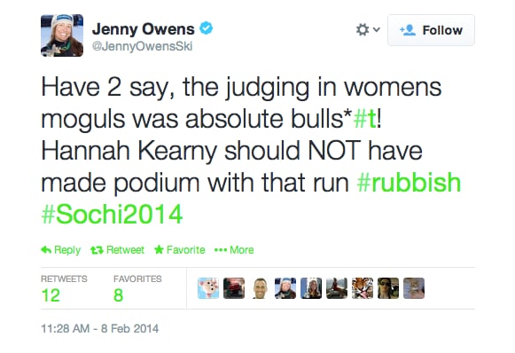 Finally, social media seems like a natural place to find Olympic conspiracy theories. But would you expect them to come from the athletes? Australian skier Jenny Owens called out the judges for awarding Vancouver gold-medalist American Hannah Kearney a bronze in Sochi after a poor showing. Apparently she thinks popularity won out over performance. 
Do you buy any of these?