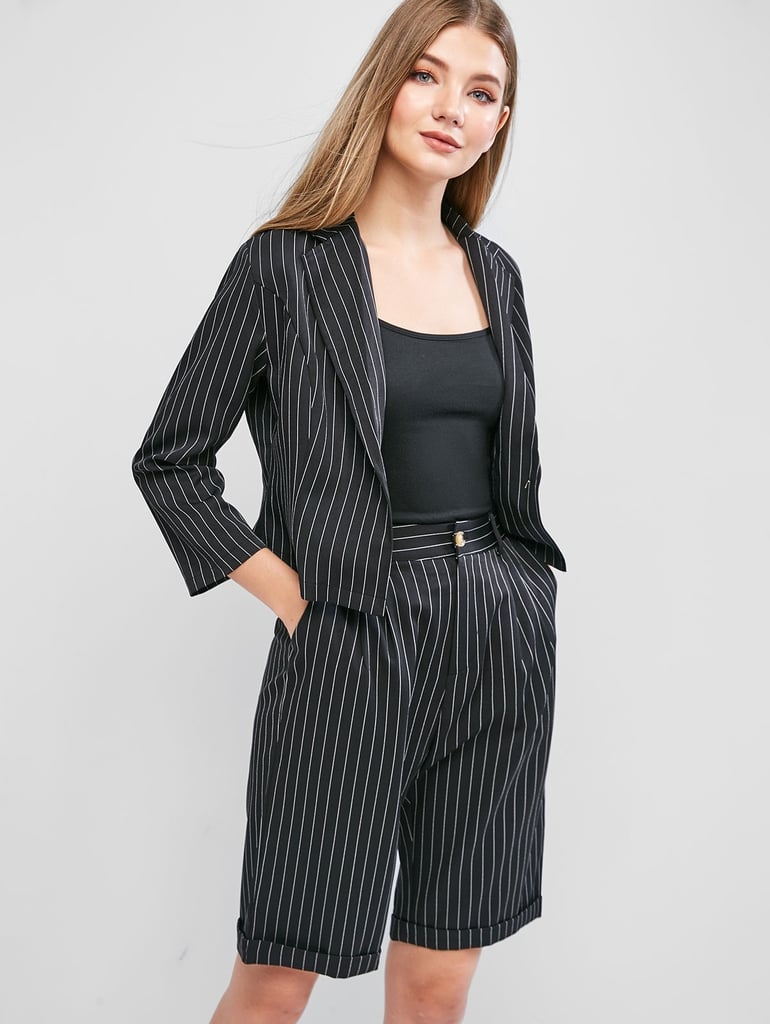 ZAFUL Pinstriped One Button Pocket Two Piece Shorts Set