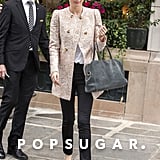 Miranda matched black Frame Denim jeans with a luxurious animal-print coat and two-tone flats in Paris.