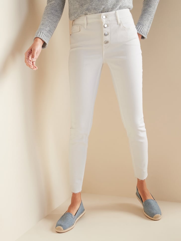 High Waisted Button Fly Rockstar Raw Edge Ankle Jeans Best White