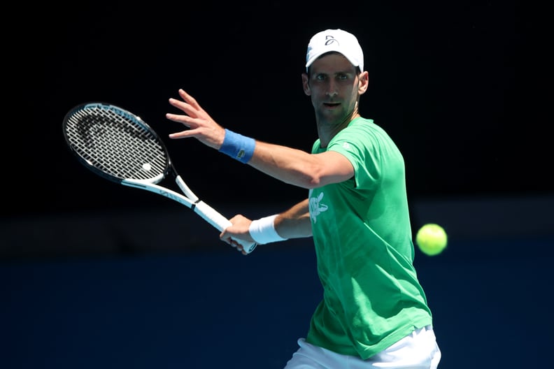 MELBOURNE, AUSTRALIA - JANUARY 13: Novak Djokovic of Serbia plays a forehand during a practice session ahead of the 2022 Australian Open at Melbourne Park on January 13, 2022 in Melbourne, Australia. (Photo by Graham Denholm/Getty Images)