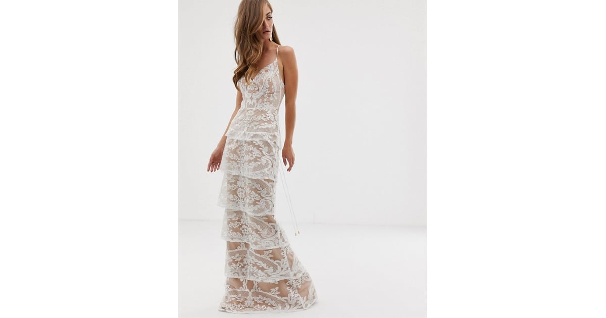 Bariano tiered contrast lace shop maxi dress in white