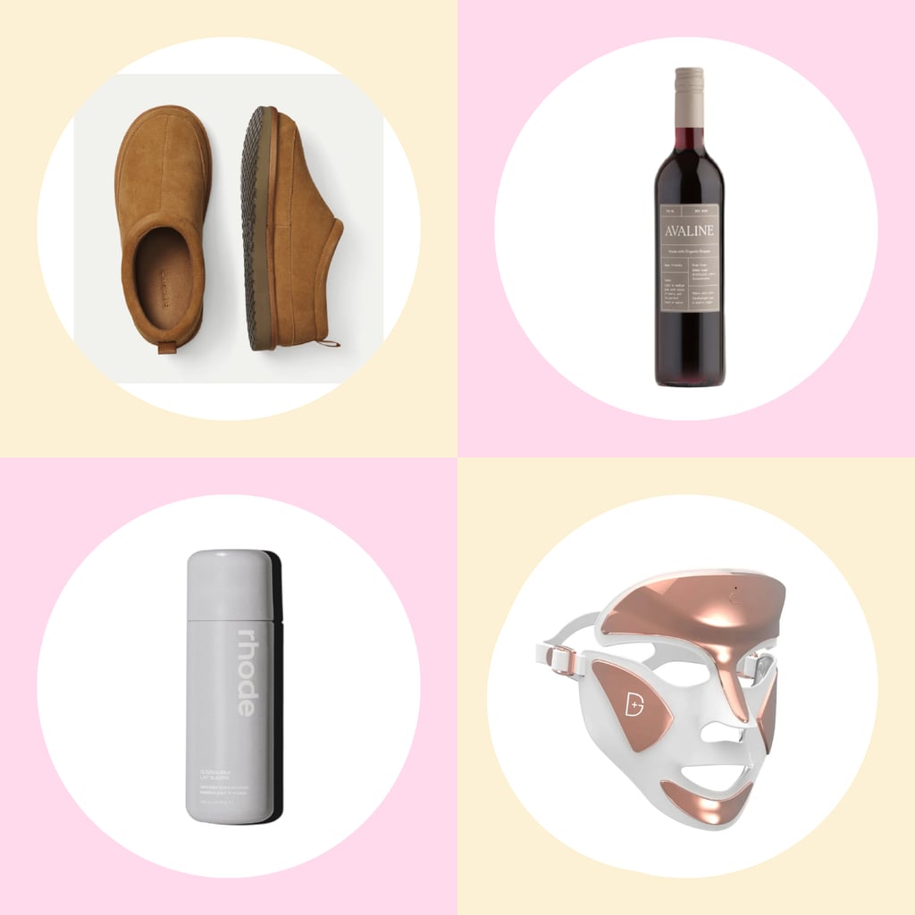 Product collage of Bombas slippers, Rhode Glazing Milk, Avaline wine, and Dr. Dennis Gross LED Mask