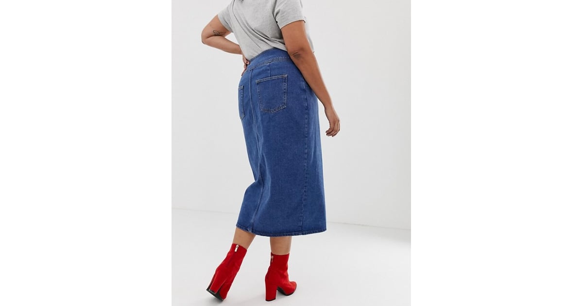 ASOS Design Curve Denim Midi Skirt With Poppers in Midwash Blue | Denim