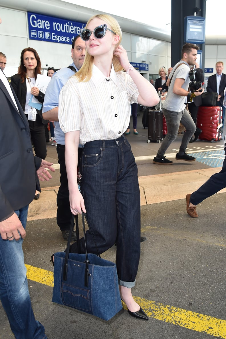 Elle Fanning Carrying a Miu Miu Denim Tote Bag