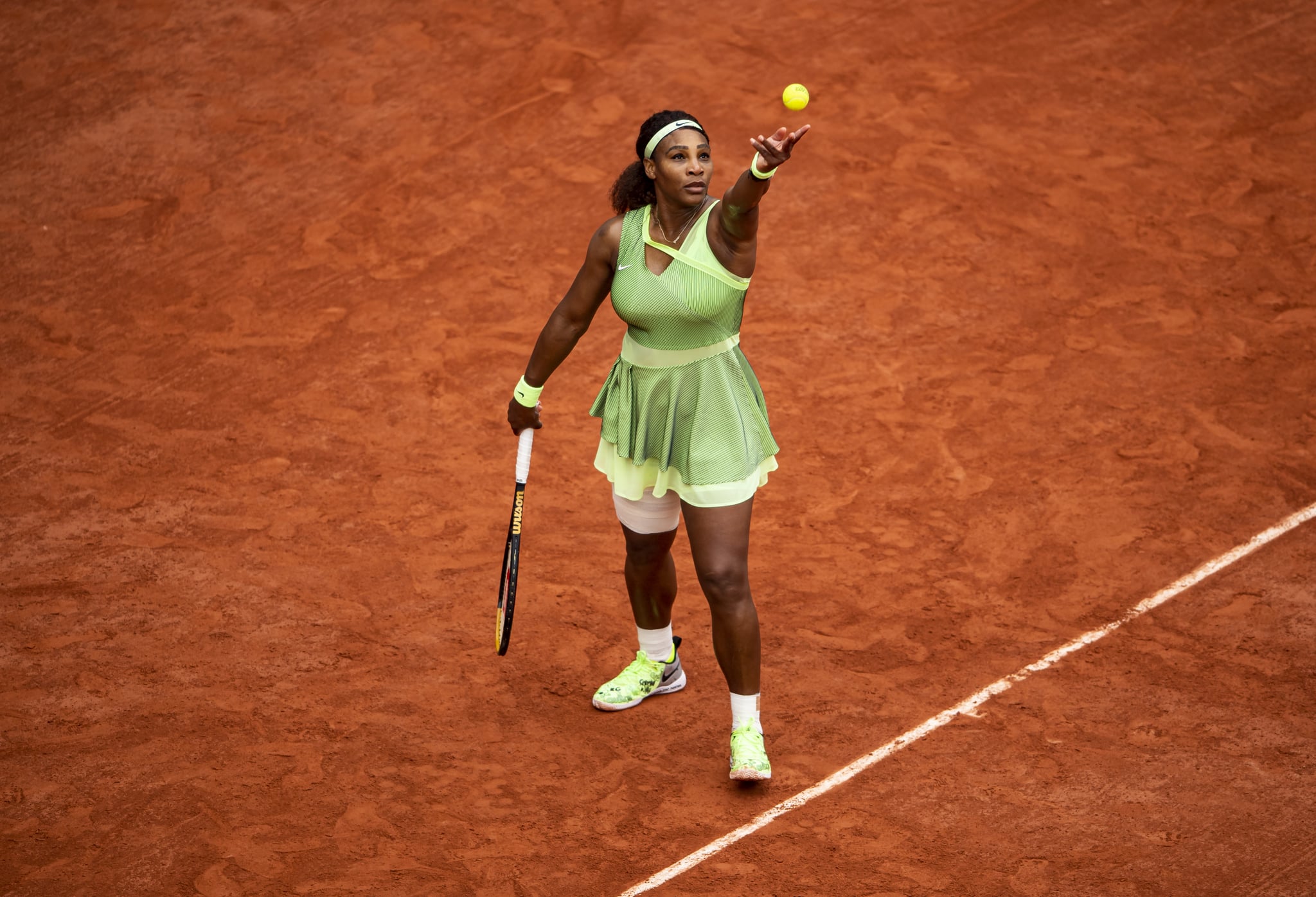 PARIS, FRANCE - JUNE 04: Serena Williams of the United States serves against Danielle Collins of the United States in the third round of the women's singles at Roland Garros on June 04, 2021 in Paris, France. (Photo by TPN/Getty Images)