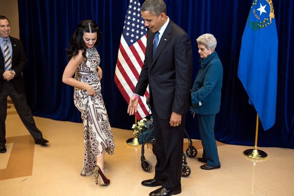 In Oct. 2012, President Obama commented on Katy Perry's standout shoes while chatting with the singer and her grandma in Las Vegas.
Source: Flickr user The White House