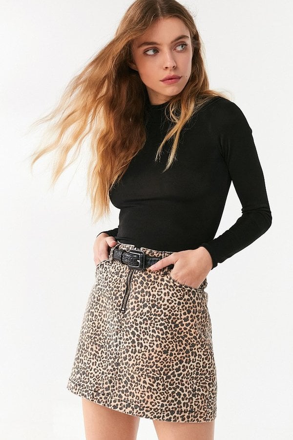 BDG Leopard Denim Zip Mini Skirt