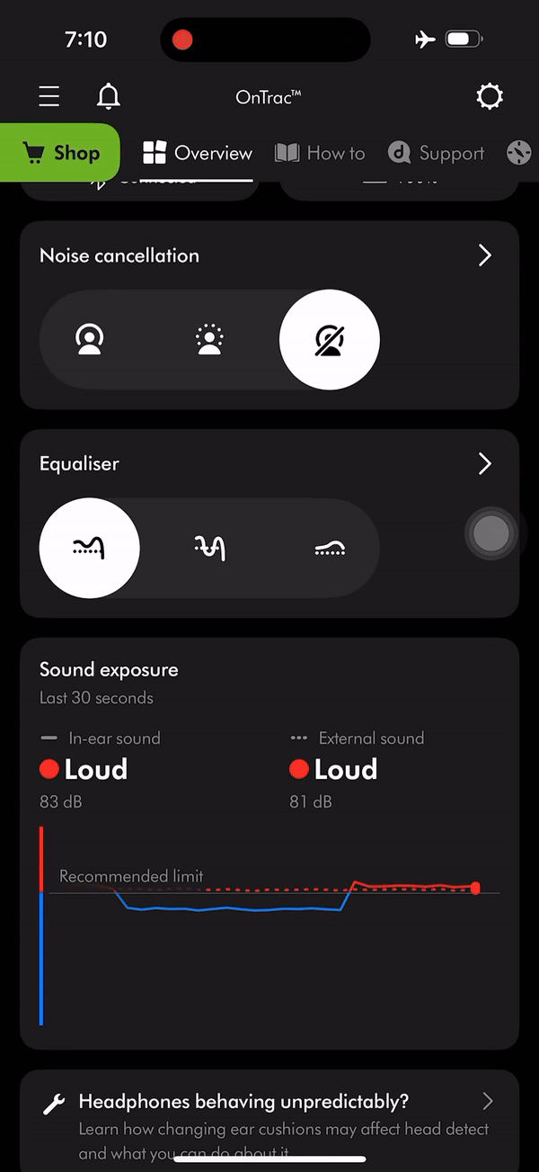 Controlling the Dyson OnTrac headphones using the MyDyson app.