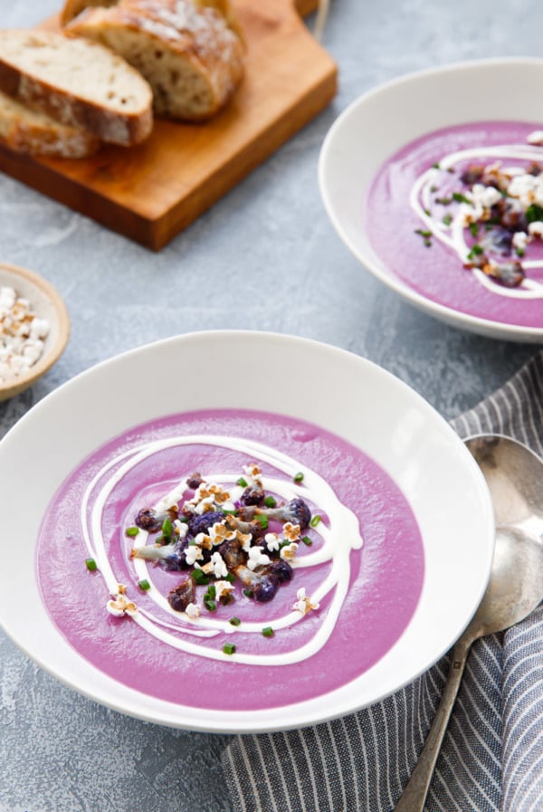 Vegetarian Soup Recipes: Purple Cauliflower and Sweet Potato Soup With Popped Sorghum