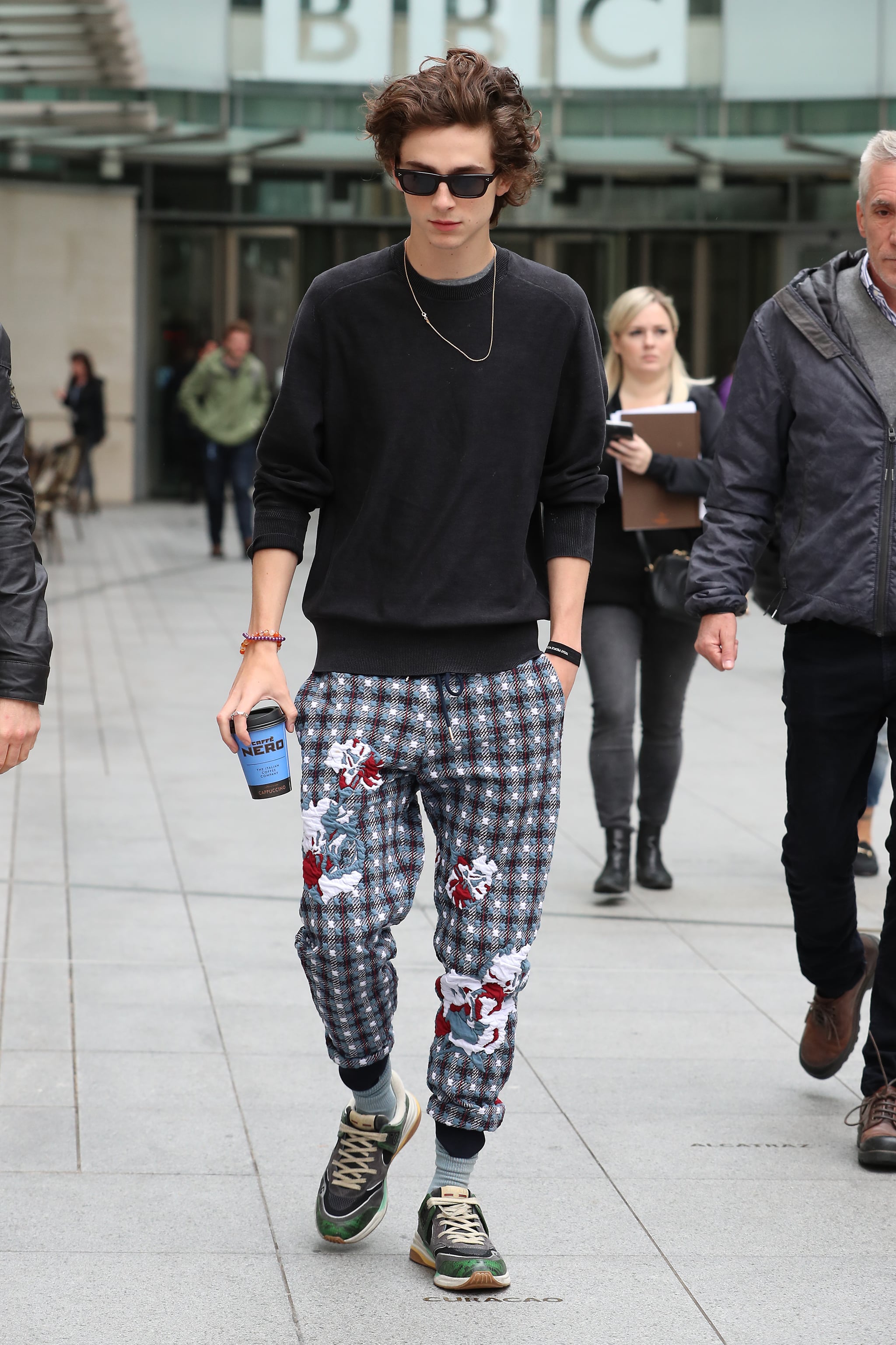 Yes, he's probably the only who can make checkered joggers | Timothée Chalamet's Endearing Street Style Makes Us Love Him Even More | POPSUGAR Fashion Photo 2