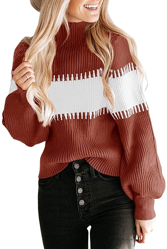 Colorblock Striped Chunky Knit Turtleneck Sweater