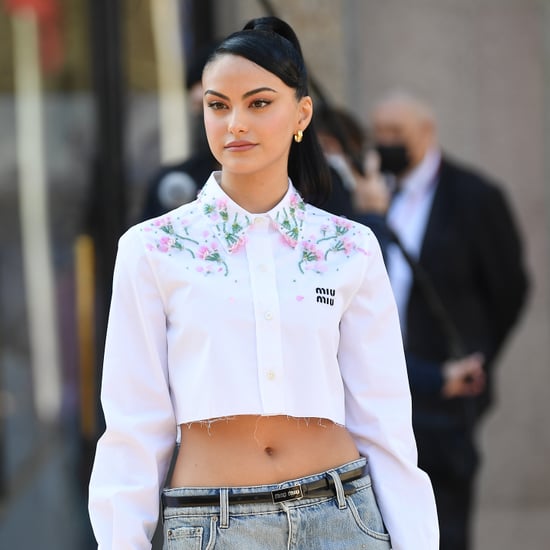 Camila Mendes Wears Low-Rise Denim Miniskirt at Miu Miu