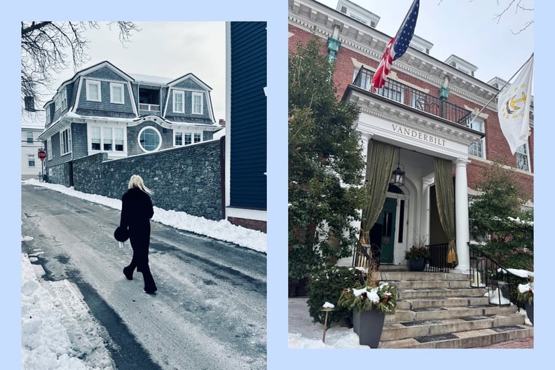 collage of woman walking in snow and photo of the Vanderbilt hotel in Newport