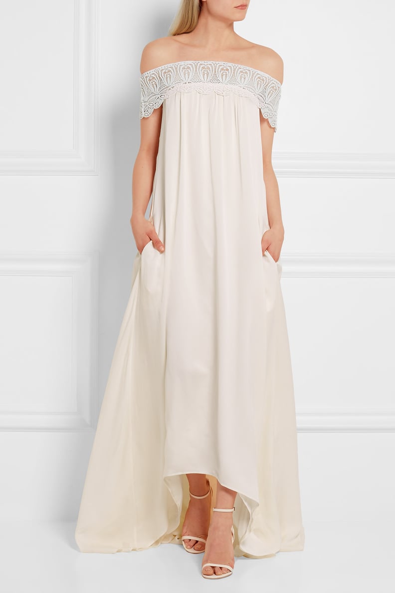 Self Portait Guipure Lace-Trimmed Satin Gown