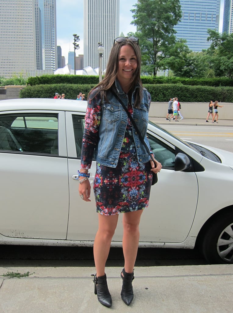 Day to night done right: Brandy wore a MinkPink mirrored-print dress and Jeffrey Campbell heels but gave it that fest finish with a classic denim vest.