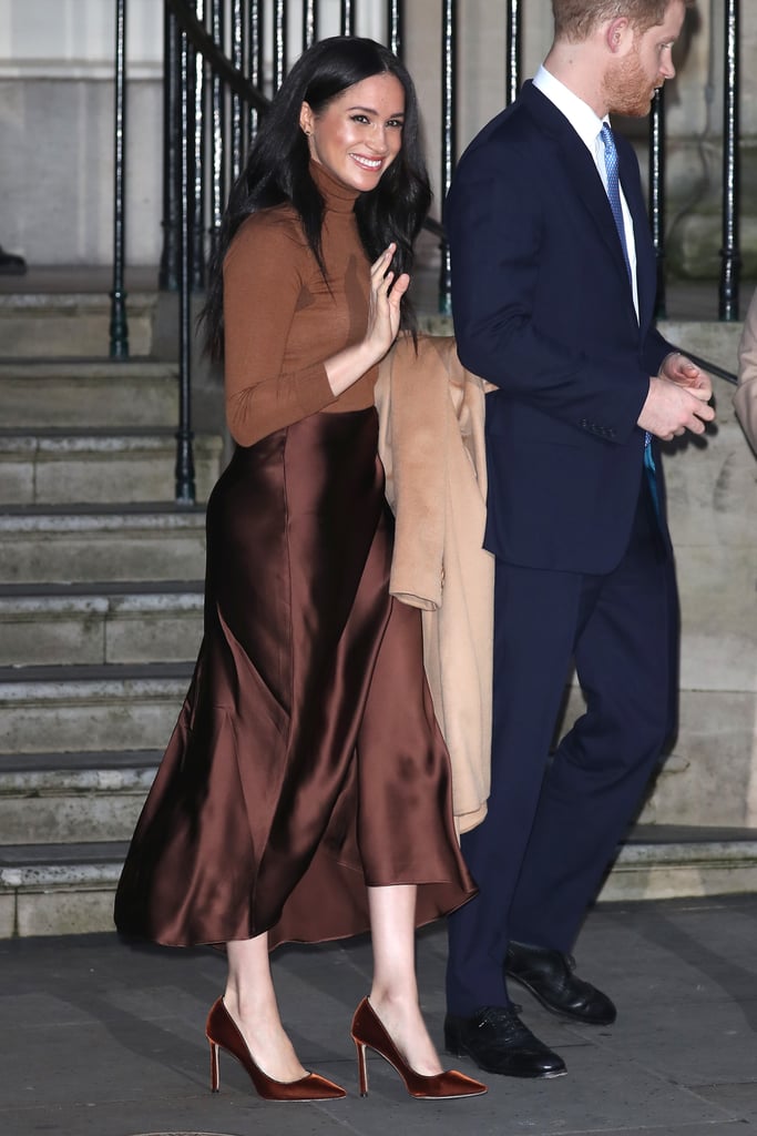 A Tonal Brown Look with A Fitted Jumper and Silk Midi-Skirt in London in Jan 2020