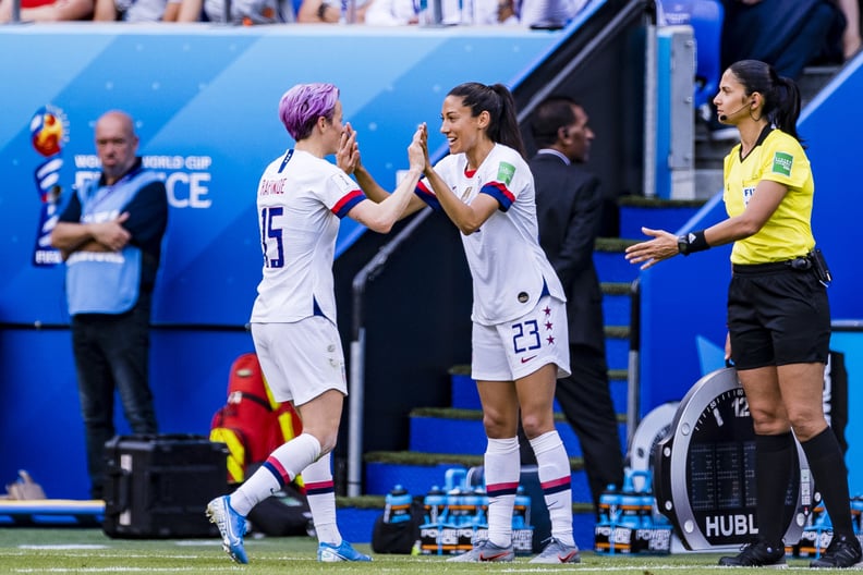 LYON, FRANCE - JULY 07: Megan Rapinoe of United States (L) leaves the field for substitution with Christen Press of United States (R) during the 2019 FIFA Women's World Cup France Final match between The United State of America and The Netherlands at Stad