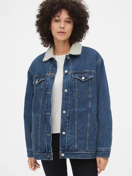 For a more subtle way to add the fabric into your wardrobe, try this Sherpa-Lined Oversized Icon Denim Jacket ($98). The lined collar will act as an extra cold barrier, without compromising the overall vibe that denim exudes.